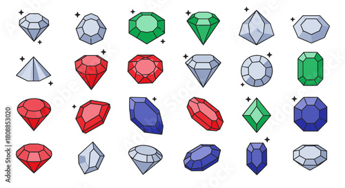 Colorful collection of geometric gemstones in cartoon style