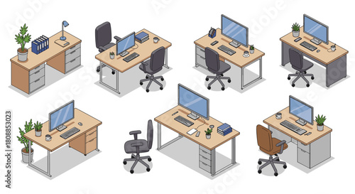 Modern isometric office desk setups with computers and chairs in various arrangements