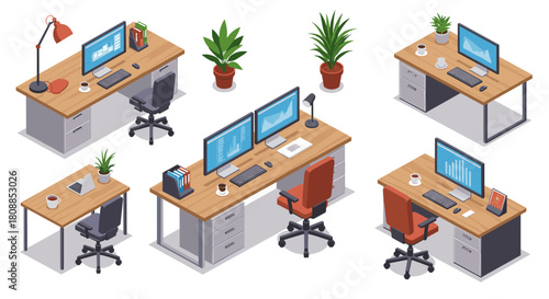 Modern isometric office desks with computers and plants for a productive workspace