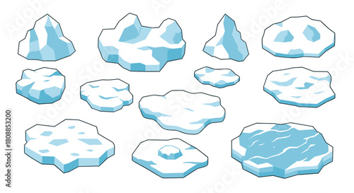 Collection of cartoon icebergs and snowy floes in flat style