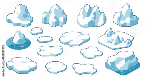 Collection of flat iceberg shapes for arctic themed designs and illustrations