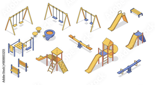 Isometric playground elements with slides, swings, and climbing structures