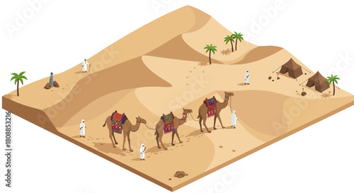 Desert caravan journey with camels and bedouins in isometric arabian landscape