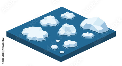 Floating icebergs isometric style on deep blue sea