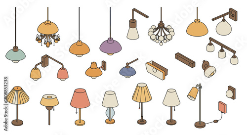 Diverse collection of modern and classic lamps in isometric style for interior design