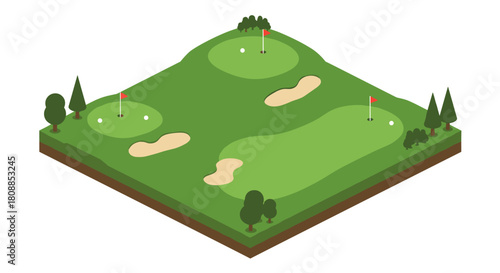 Isometric golf course design with lush green fairways and sand bunkers