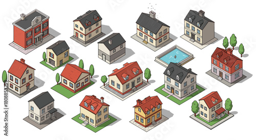 Charming isometric neighbourhood: diverse houses and lush trees with pool