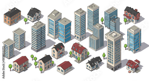Isometric cityscape with residential and office buildings