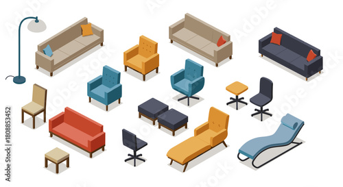 Modern isometric furniture collection featuring sofas, chairs, and lounge designs
