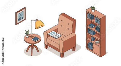 Cozy reading nook with armchair and bookshelf in isometric style