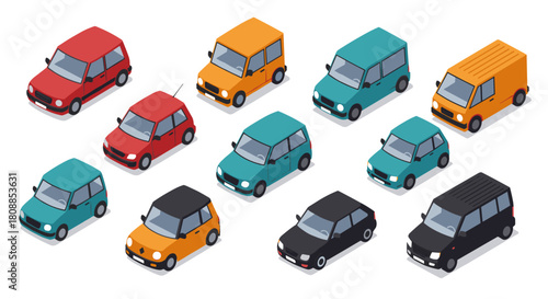 Isometric cars collection: colorful compact and cargo vehicles