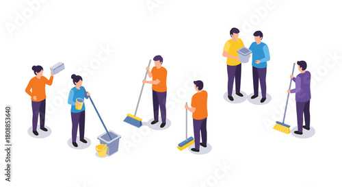 Isometric characters engaged in various cleaning activities with brooms and buckets