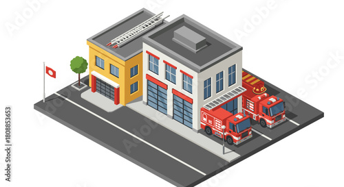 Isometric fire station with trucks and building in urban setting