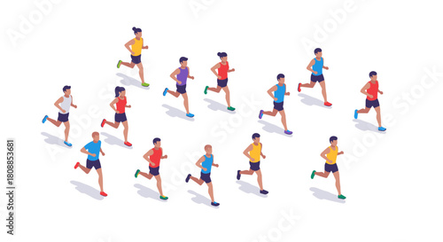 Isometric runners in motion on a white background