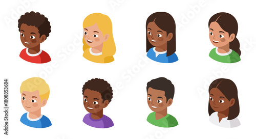 Diverse kids portraits set in isometric style featuring smiling boys and girls with different hairstyles