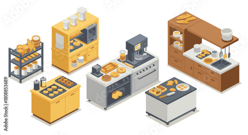 Isometric bakery kitchen with appliances and pastries on display