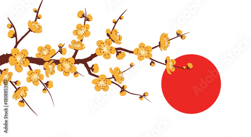Branch of yellow plum blossoms in front of a red sun, a common symbol in Japanese art.