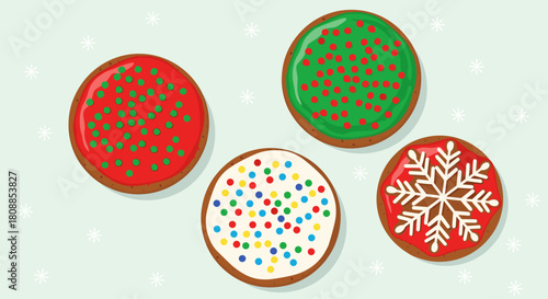 Four festive holiday cookies decorated with colorful icing and sprinkles.