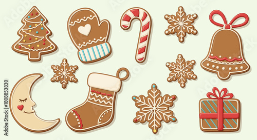 Collection of assorted festive gingerbread cookies arranged on a light background.