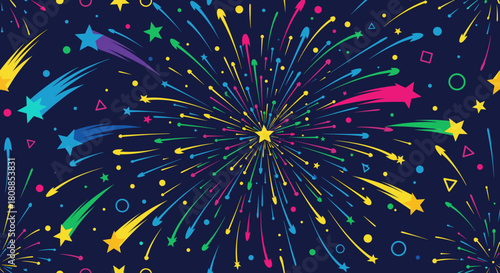 A vibrant dark blue background filled with colorful exploding fireworks and shooting stars.