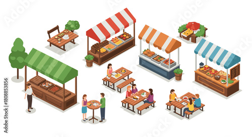 Isometric outdoor market scene with stalls and dining spaces