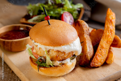 a juicy, cheesy chicken burger served with thick-cut potato wedges and a fresh side salad. The burger features a thick chicken patty topped with melted white cheese, lettuce, tomato and bun