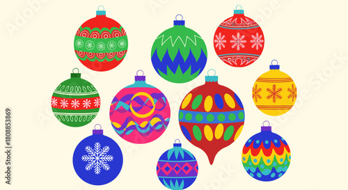 Collection of colorful and festive Christmas ornaments with diverse patterns and designs on a cream background.