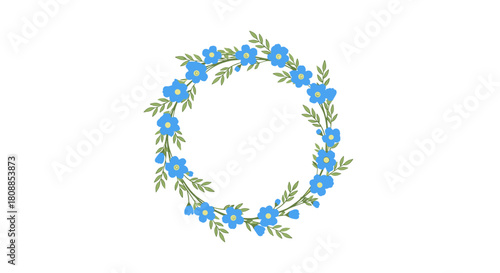 A circular wreath made of delicate blue flowers and green leaves on a white background.