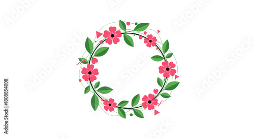 Decorative floral wreath with pink flowers and green leaves on a white background.