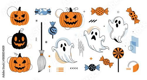 Fun Halloween illustrations featuring pumpkins, ghosts, candy, and a broomstick with abstract shapes.