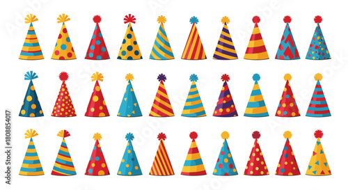 A colorful collection of party hats with various patterns and designs are arranged in rows.