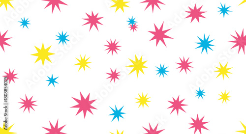 A scattered pattern of colorful star shapes on a white background.