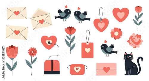 A charming collection of Valentine's Day themed illustrations with hearts, birds, flowers, and a cat.