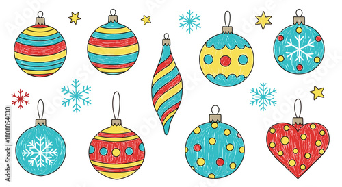 Hand-drawn colorful Christmas ornaments and snowflakes in a festive arrangement.
