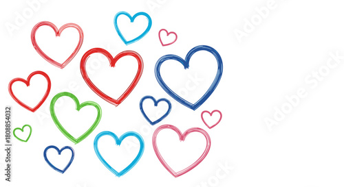 A collection of colorful hand-drawn heart outlines scattered on a white background.