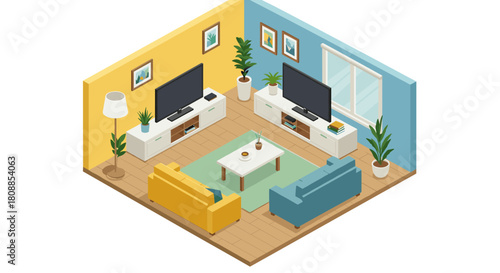 Modern isometric living room interior with colorful furniture and decor elements