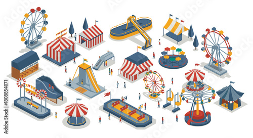 Isometric amusement park with rides and attractions in vibrant colors