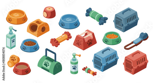 Colorful isometric pet accessories collection for cats and dogs