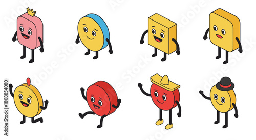 Playful isometric cartoon characters with geometric shapes in colorful hats