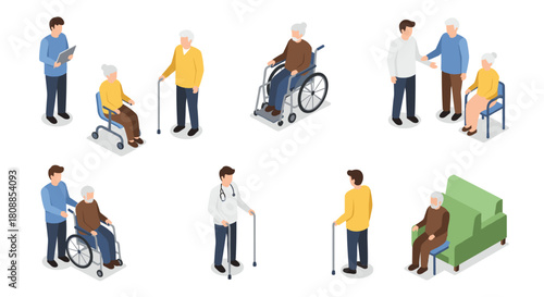 Isometric elderly care scene illustrations with various activities and interactions