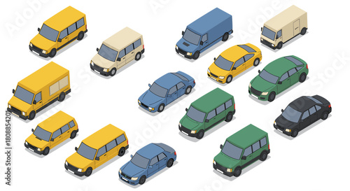 Isometric urban vehicles set with various car and van models