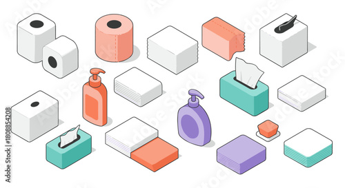 Essential bathroom supplies and hygiene products isometric collection