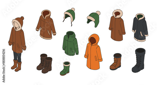 Winter clothing collection: coats, boots, and hats set in isometric style