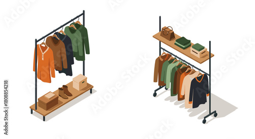 Isometric clothing racks with autumn wardrobe and accessories on white background