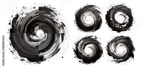Abstract swirls of black and white paint on a textured background, Isolated on Transparent, white background