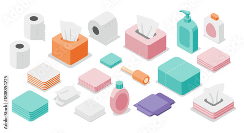 Isometric hygiene essentials: tissue, sanitizer, and bathroom supplies in pastel colors