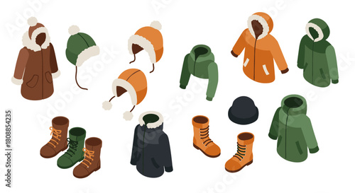 Cozy winter clothing collection in isometric style for cold weather fashion
