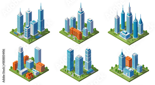 Stylish isometric cityscape collection with modern skyscrapers and urban architecture