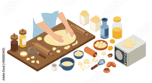 Isometric kitchen scene with baking ingredients and tools on wooden table