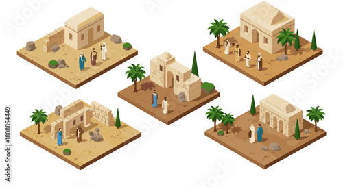 Isometric ancient middle eastern architecture with traditional figures and desert elements